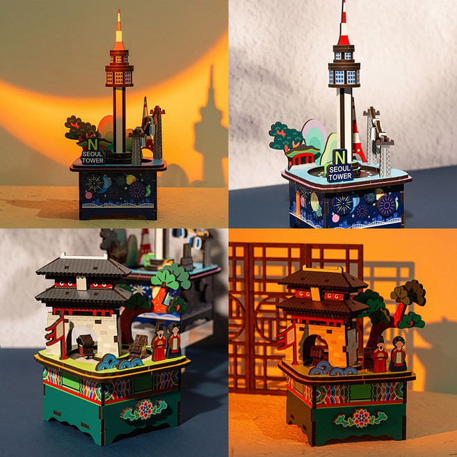 우리나라 랜드마크 오르골 나무 원목 태엽 뮤직박스 만들기 DIY 호국보훈 인테리어 소품, 남산타워