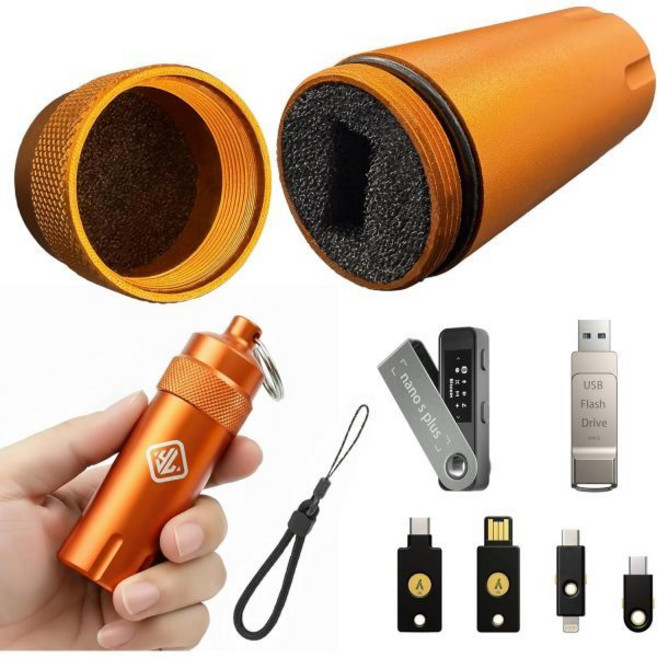유비키 55C NFC 및 레저 나노 SS 플러스용 알루미늄 방수 케이스 폼 인테리어가 있는 USB 플래시 드라이브용 금속 보관 케이스 키체인 캐리오렌지 컴팩트팟2, Orange, CompactPod2 for Nano S Plus
