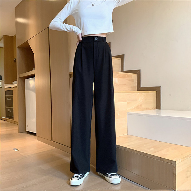 梨卡 女裝高腰寬鬆西裝闊腿褲 有口袋 韓版休閒長褲 黑色 S-3XL