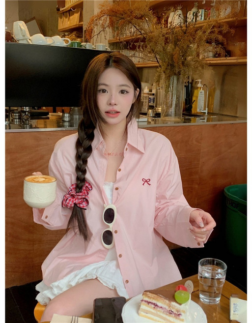 ANNE 長袖襯衫 質感電繡蝴蝶結 寬鬆襯衫
