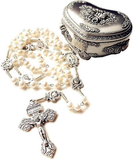 우아한 용 핸드메이드 AAA 78MM 본래 진주 구슬 성모 파티마 묵주 크로스 목걸이 상자 케이스 가톨릭 선물