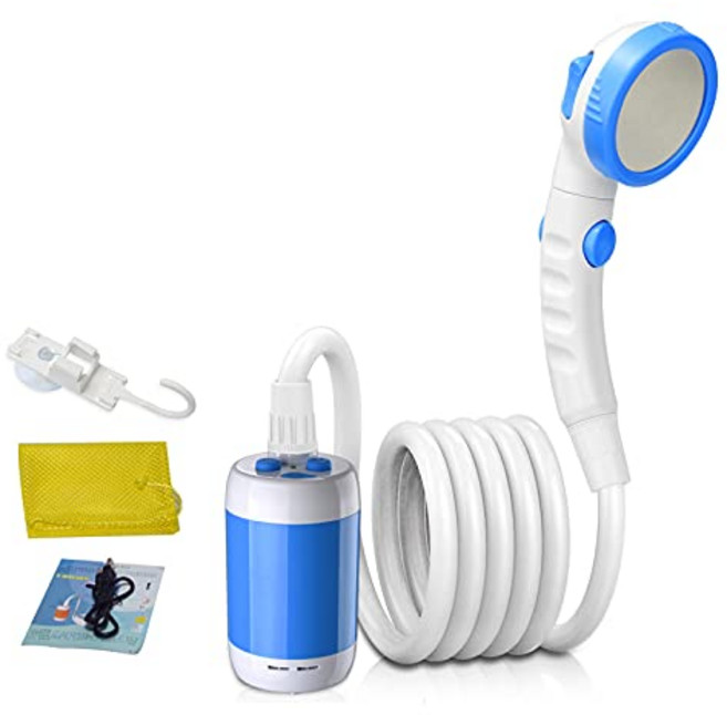 휴대용 샤워 캠핑 여행 샤워 야외 전기 샤워 내장 5000mAh 대용량 USB 케이블 충전식 드라이브 실내 또는 야외 개인 샤워 워터 펌프 세차용 애완 동물 청소 정원 물 (청색)