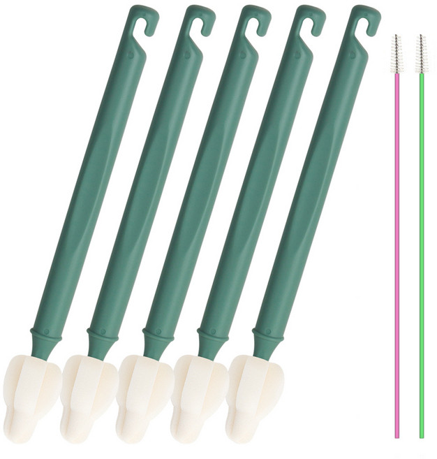 하이비 젖병 젖꼭지 세척솔 몽글이 롱 미니솔 5P + 빨대솔 2P, 올리브그린, 1세트