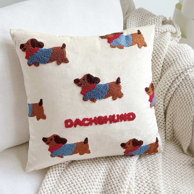 인테리어 동물자수 쇼파쿠션 핸드메이드 침대 등받이 쿠션 솜포함, 레드 강아지