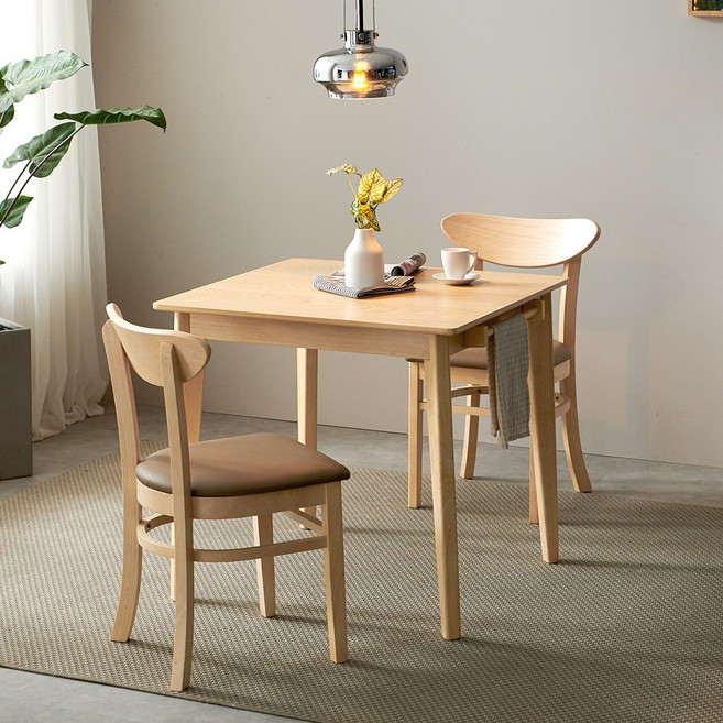 굿모닝 고무나무 원목 2인 식탁 세트, 네추럴(5월 중순 출고), 일반 의자 2