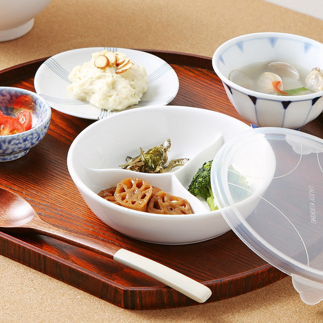 백온 3칸 나눔 칸막이 반찬통 도자기 밀폐용기, 1개