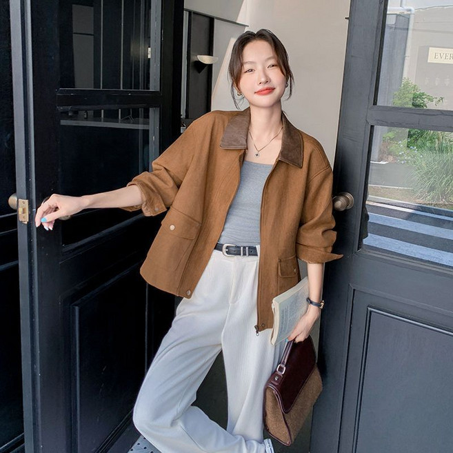 AOKADA 여성 가을 루즈핏 스웨이드 워크 자켓 숏 코트