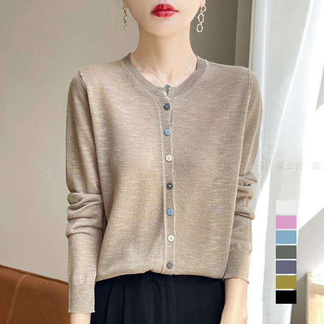 꽃소담 여성 라운드넥 기본핏 긴팔 니트 가디건 여름 간절기 얇은 긴팔가디건 MAL26A766