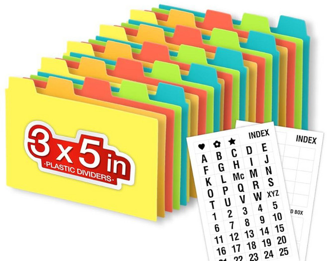 Chell 3x5 플라스틱 인덱스 카드 디바이더 플래시 카드 및 레시피 카드용 고중량 폴리 인덱스 카드 가이드 A-Z 알파벳/빈 스티커 포함 25개 팩, Pack of 25, 기본 색상