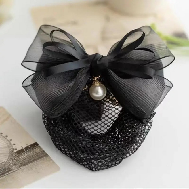 샤샤벨 진주 시폰 리본 헤어망 여성 간호사 망사 리본핀 머리망