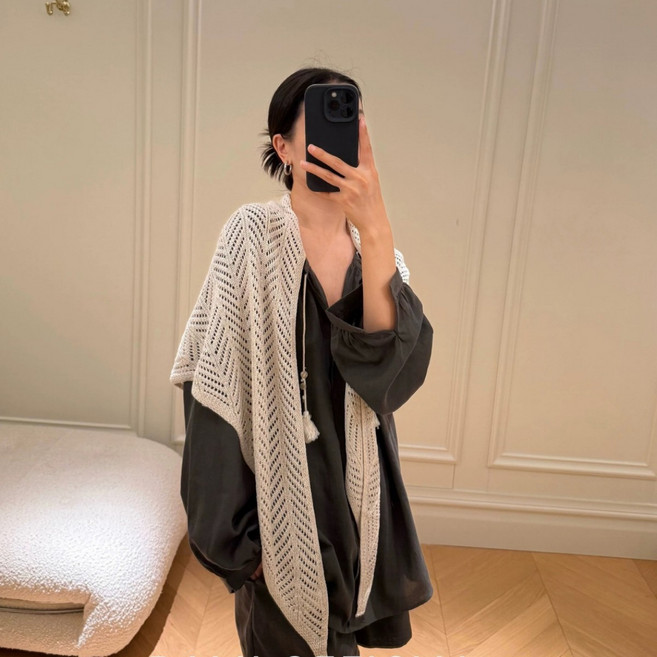 HALOPICK 여성 면마 레이어드 삼각오버핏 니트 짜임 어깨 롱숄 머플러
