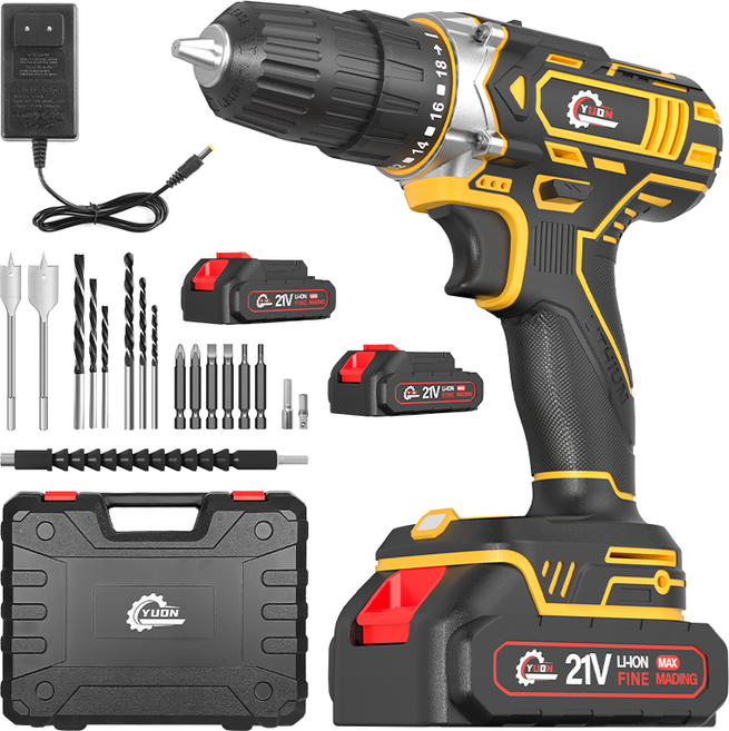 YUON 21V 고출력 무선 충전 해머 전동 드릴 드라이버 고급형 공구세트 4.0Ah 리튬이온배터리, 1개