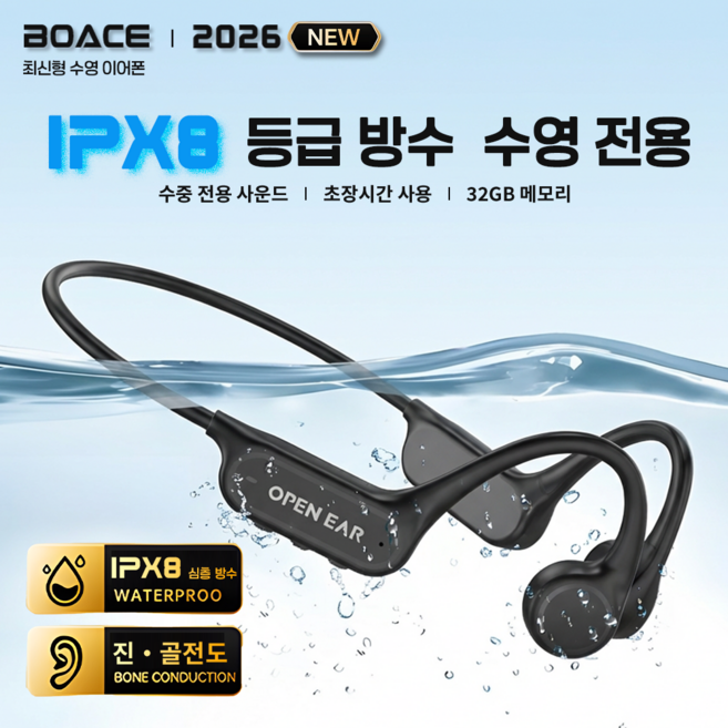 BOACE 골전도 블루투스 이어폰 IPX8 방수 무선 스포츠 러닝 수영 내장 MP3모드 32GB 최신 블루투스6.0, 암야 블랙, y60Pro