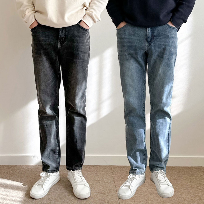 남성용 청바지 스톤 일자스판 워싱 데님 팬츠 38 빅사이즈 블루 8724