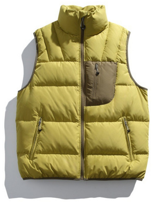 남녀공용 하이넥 경량 패딩 조끼 겨울 캐주얼 아웃도어 스타일 컬러 블록 패딩 조끼