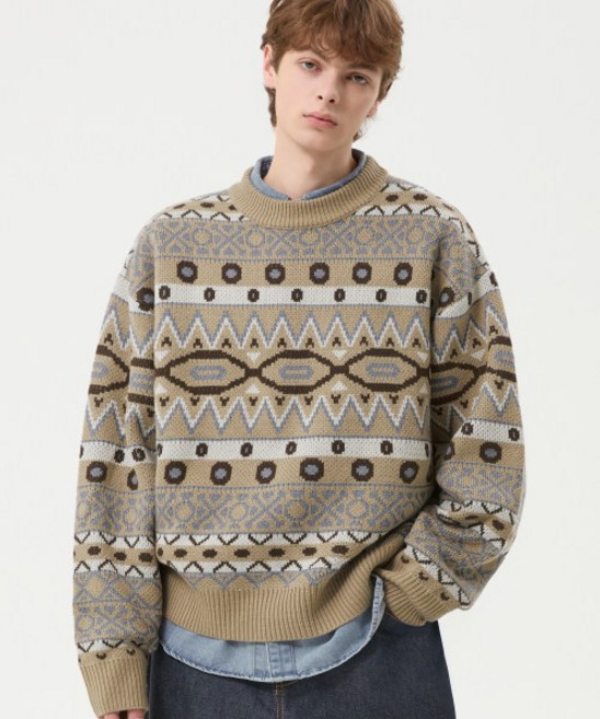 TRILLION 빈티지 페어 아일 자카드 크루넥 니트_베이지 304124