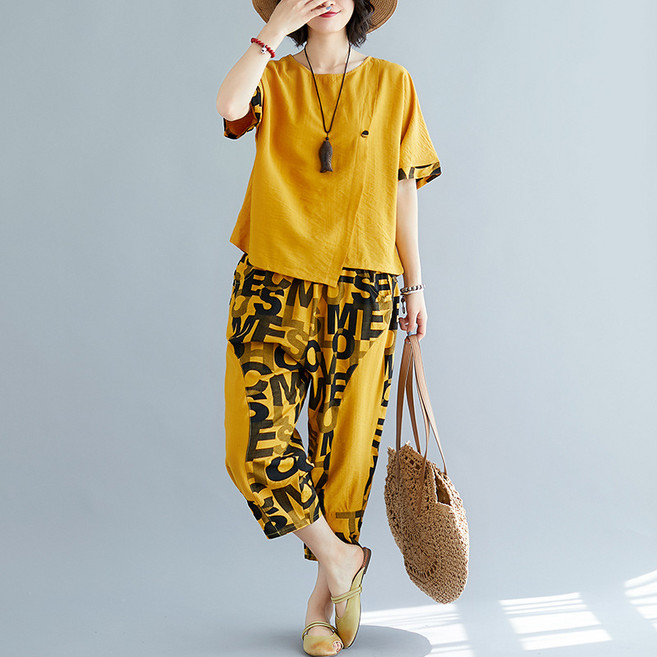 여름 빅사이즈 레터링 프린트 언밸런스 여성 반팔 티셔츠+9부 와이드 팬츠