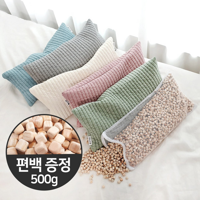 시원한 베개 순면양면누빔커버 편백나무베개(+편백500g증정), 블루+폴리속커버