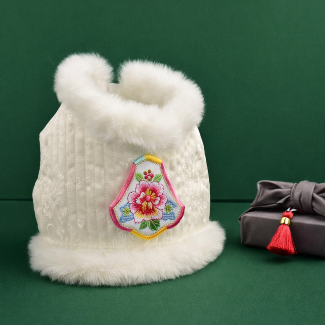 강아지 한복 배자 전통 자수 털 조끼(여아) 고양이 애견, 1개, 아이보리