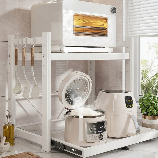 보리보 높이조절 슬라이딩 선반 주방 수납 정리 렌지대, 2단, 화이