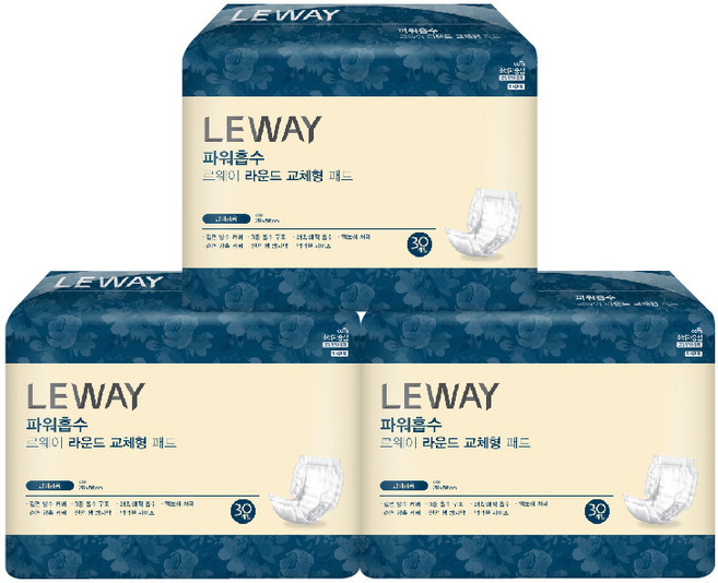 르웨이 라운드패드 남여공용 성인용 속기저귀, 30개입, 3개