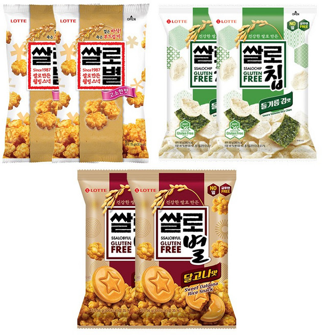 롯데웰푸드 쌀로별 달고나맛 56g x2개+쌀로별 오리지널 78g x2개+쌀로별 들기름 김맛 50g x2개, 368g, 1세트