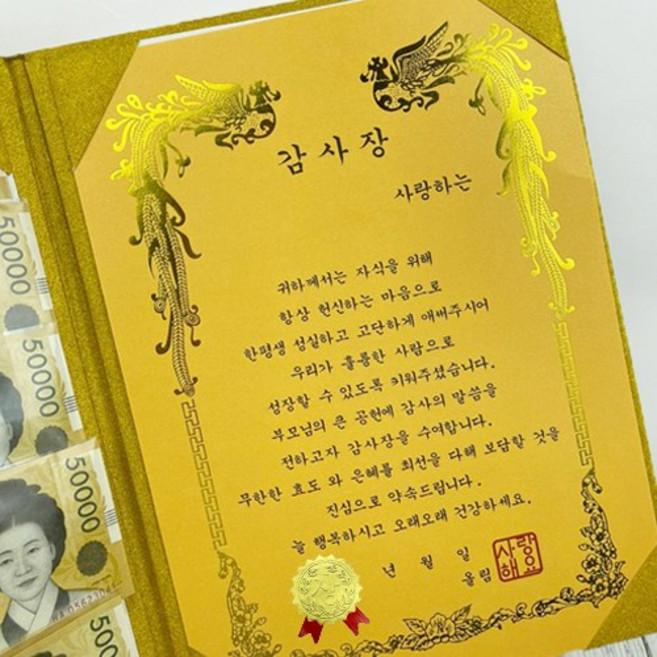 부모님 상장 용돈 이벤트 어버이날 생신 현금 선물 감사장, 골드-감사장