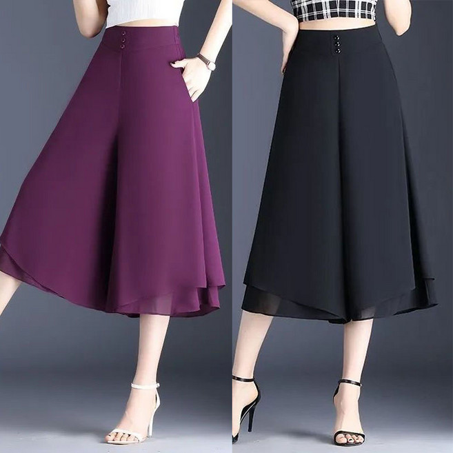 M-4XL 중년여성 하이웨스트 찰랑찰랑 이중 쉬폰바지 캐주얼 시원한 여름 와이드 7부 정장 치마바지