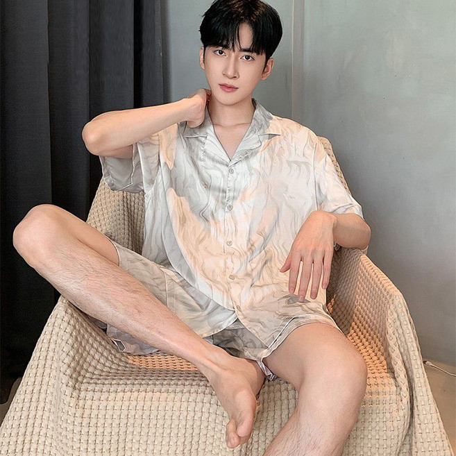 男士絲綢短袖睡衣 夏季冰絲薄款休閒家居服套裝, 1個, 水波紋短袖套裝男L