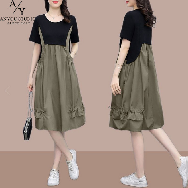 ANYOU 베이직 루즈핏 뷔스티에 롱원피스 소프트터치 반팔 카라 원피스