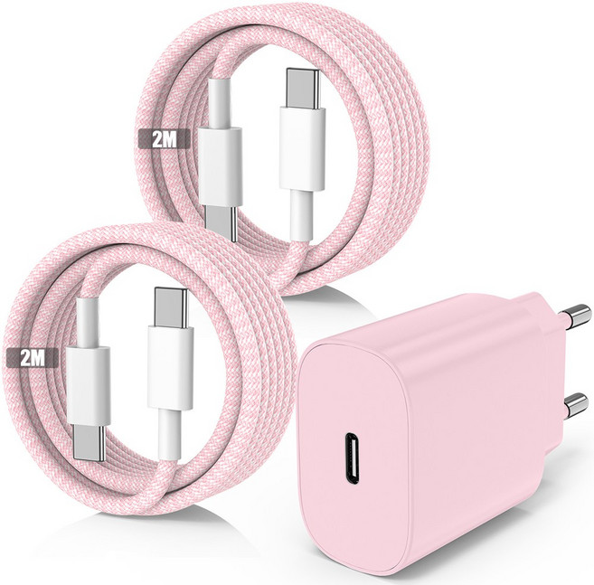 루미아코어 c타입 고속 충전기 삼성 아이폰 가정용 25W Gan 휴대폰 고속 충전기+ CTOC 60W 케이블 2m, 1세트, 분홍색(1+2)