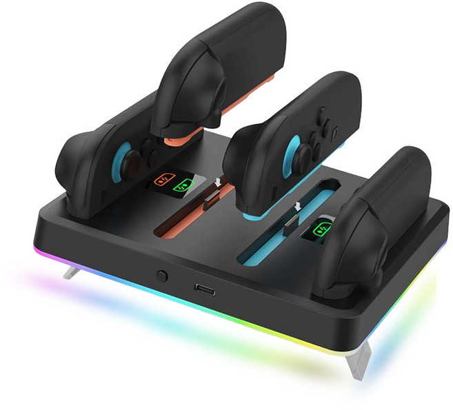 【GS 3C】Switch 雙 Joy-Con RGB 氛圍燈充電底座 四手把同時充電, 黑色, 1個, Switch2 搖桿