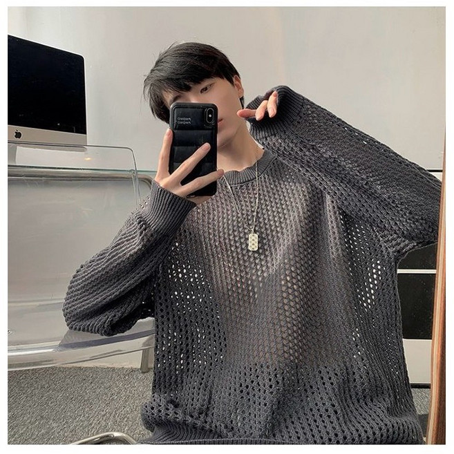LLHH 韓版圓領摟空針織衫 寬鬆男裝