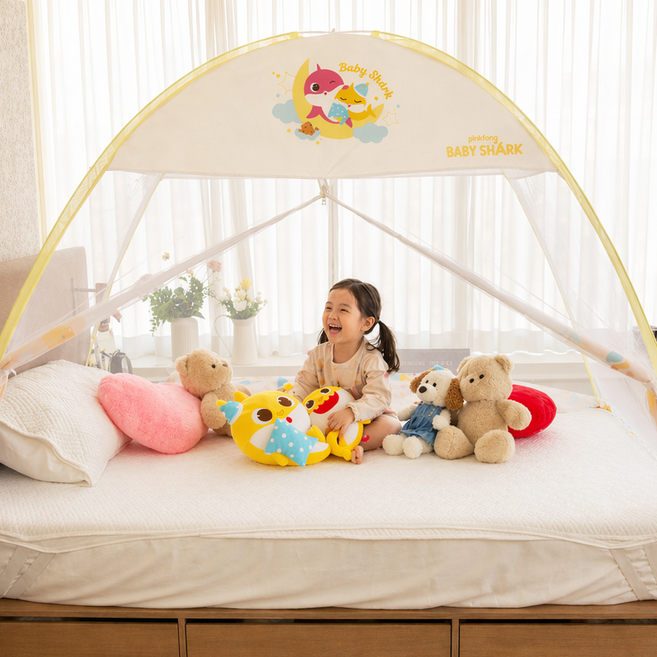 26년 NEW 핑크퐁 아기상어 유아 원터치 모기장 텐트 캐릭터 1인용, 아이보리