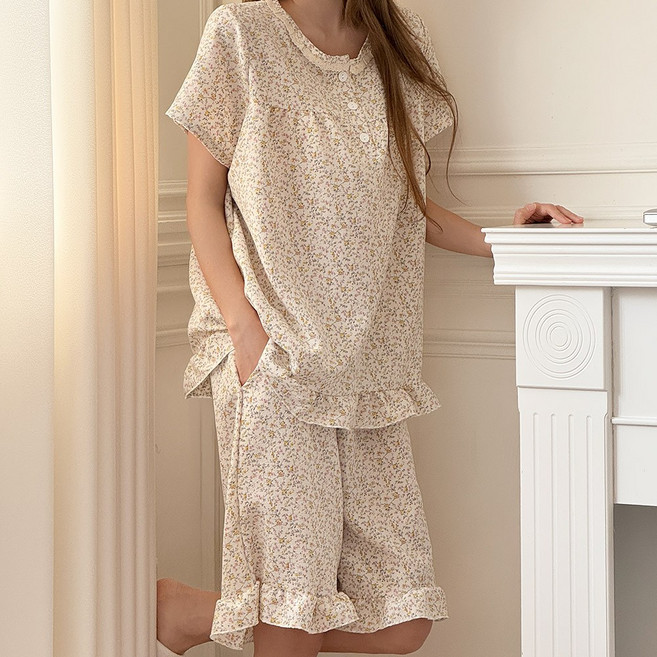 마리끄 여성 라운드 플라워 꽃무늬 여름 반팔 잠옷