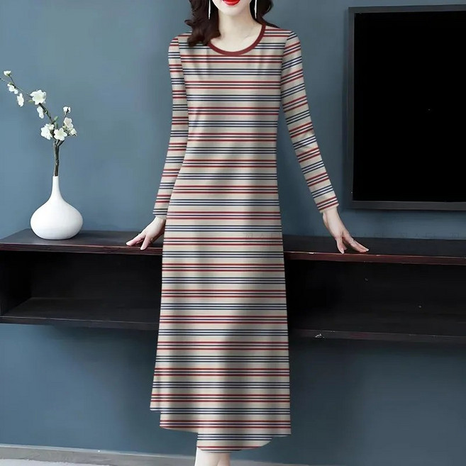 꽃소담 중년여성 라운드넥 스트라이프 롱원피스 봄가을 엄마 치마 MAL26A1232