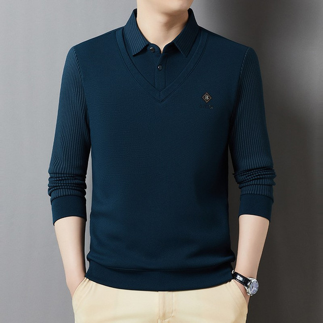 스트라이프 폴로 셔츠 남봄가을 중년 아빠 루즈핏 캐주얼 터틀넥 상의 티셔츠 봄 가을 이너 카라넥 티셔츠