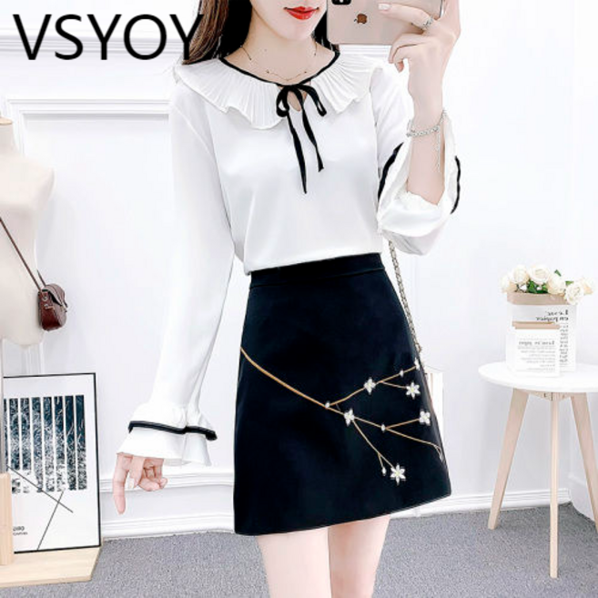 vsyoy 2023 봄과 여름 새로운 세트 작은 신선한 작은 색상 매칭 쉬폰 셔츠 버클 자수 스커트 투피스 여성용 세트