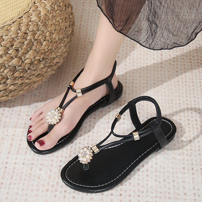 UNIQUE 夾趾涼鞋，平底百搭人字羅馬涼鞋, 24 cm, 黑色