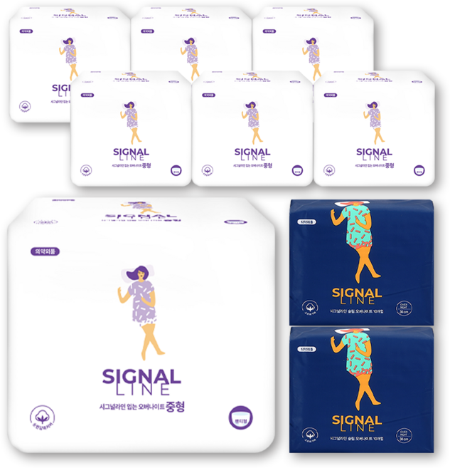 시그널라인 입는오버나이트 중형/대형 7팩(56매)+날개형오버나이트 2팩(20매))생리대, 7개, 8개입, 중형