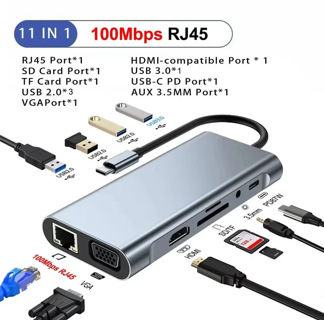 USB C 도킹 스테이션 11-in-1 허브 타입 to 4K HDMI 어댑터 3.0 스플리터 PDRJ453.5mmTFSD 노트북 맥북용, 1개, 01 11-IN-1 with Box