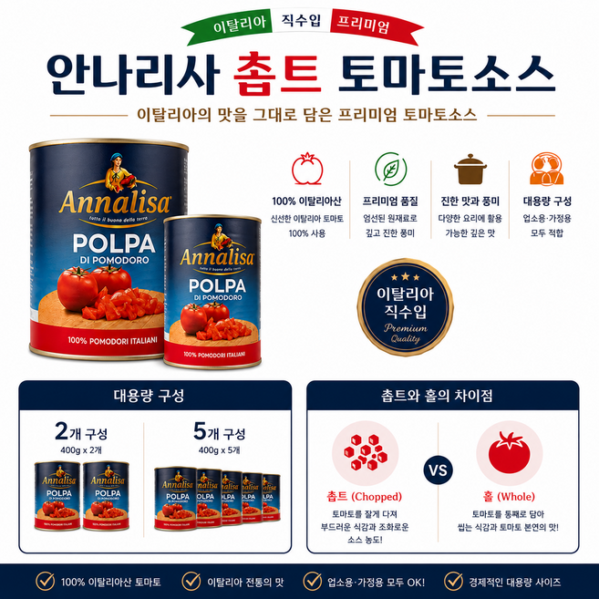 [이탈리아 직수입]안나리사 촙트토마토 통조림 2.5kg 대용량 /이태리 살레르노 지방에서 재배한 토마토를 사용 깊고 진한 풍미 파스타용 피자용 샐러드용 업소용 가정용, 5개
