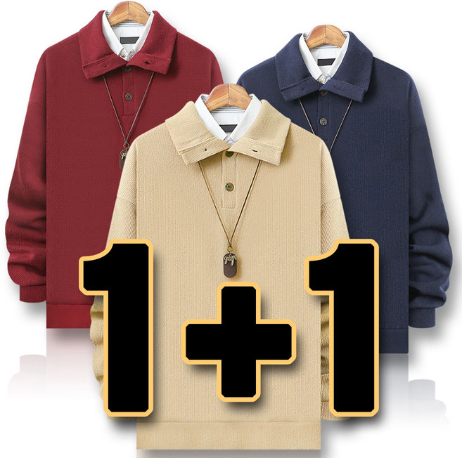 하트비트 룩텐크 단추 카라 니트티 1+1 세트 [2장 묶음] 오버핏 [국내생산]