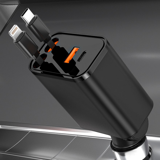 Bolt Wave 차량용 초고속 충전기 105W 4in1 (1.8m C - C 케이블 1.8m USB-8핀 케이블 증정), 블랙, XY-DP105W (애플+C타입)