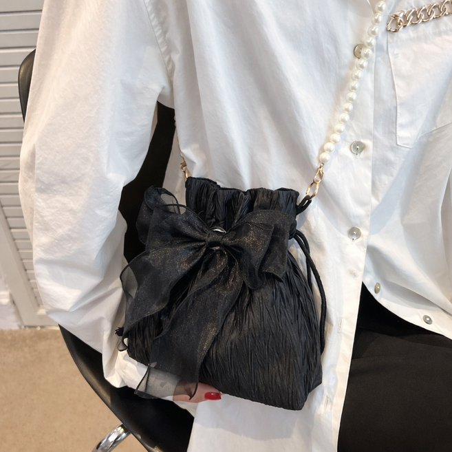 백송 진주 스트랩 리본 포인트 버킷백 데일리 미니 귀여운 크로스백 스트링 복조리백