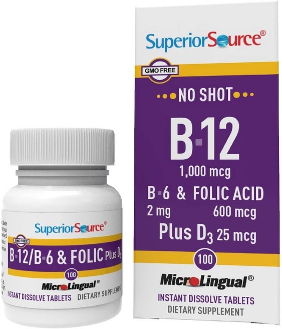 슈페리어 소스 노 샷 비타민 B-12 시아노코발라민 1000 mcg B-6 엽산 D-3 IU 100개의 설하 용해 정제, 1개 - 쿠팡