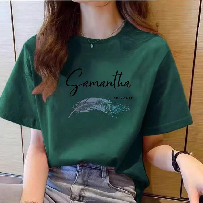 Samantha 羽毛印花短袖T恤女 夏季新款寬鬆圓領上衣