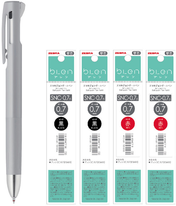 ZEBRA 블렌 2색 멀티펜+리필4개 (흑2 적2) B2SAS88, SNC (흑2적2), 0.7 그레이 (블렌 2+S)