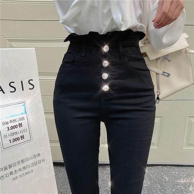 모몰라티 여성용 꽃레이스 허리 스판 단추 한 줄 스키니진+양말