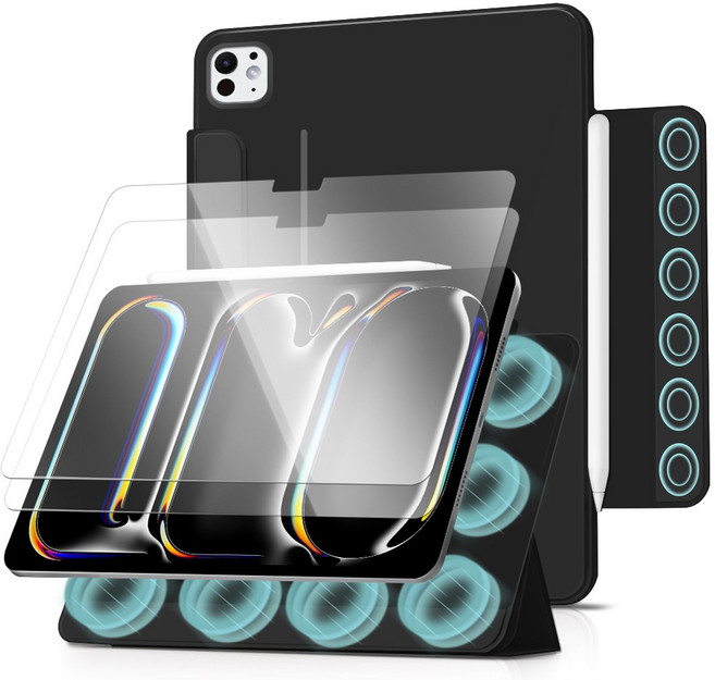 더조은셀러 아이패드 호환 3단 폴리오 마그네틱 케이스 2매입 유리필름 포함, 블랙, 1개